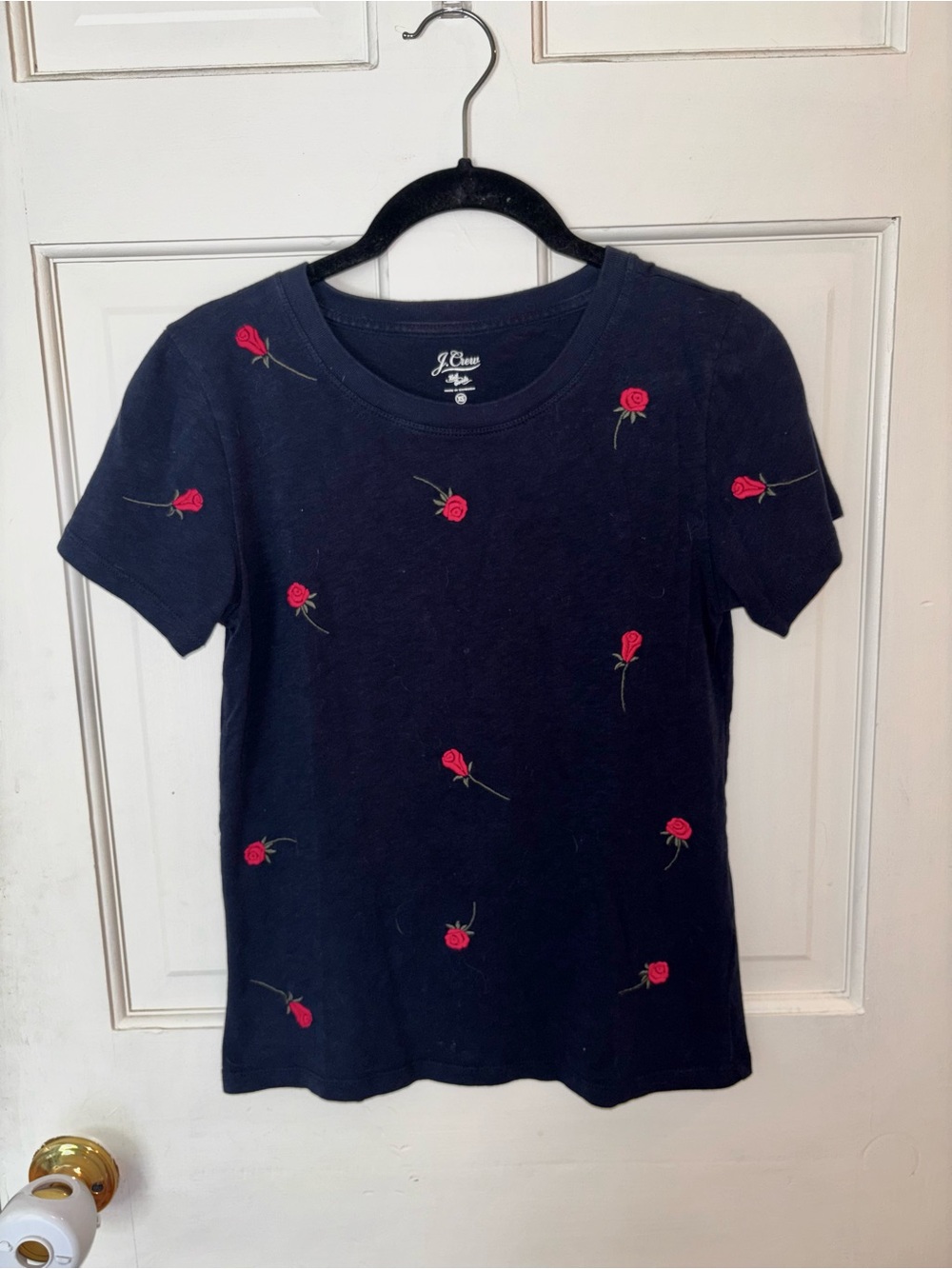 J. Crew Navy Crewneck Tee with Pink Floral Detail